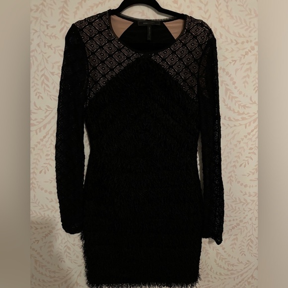 BCBG Maxazria Velma Black Dress Women's Size M Tiered Fringe Lace Long Sleeve - Picture 8 of 9